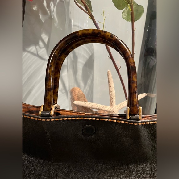 Plinio Italian Black Leather Tote Bag w/Tortoise Shell Handles Y2K - Picture 2 of 10